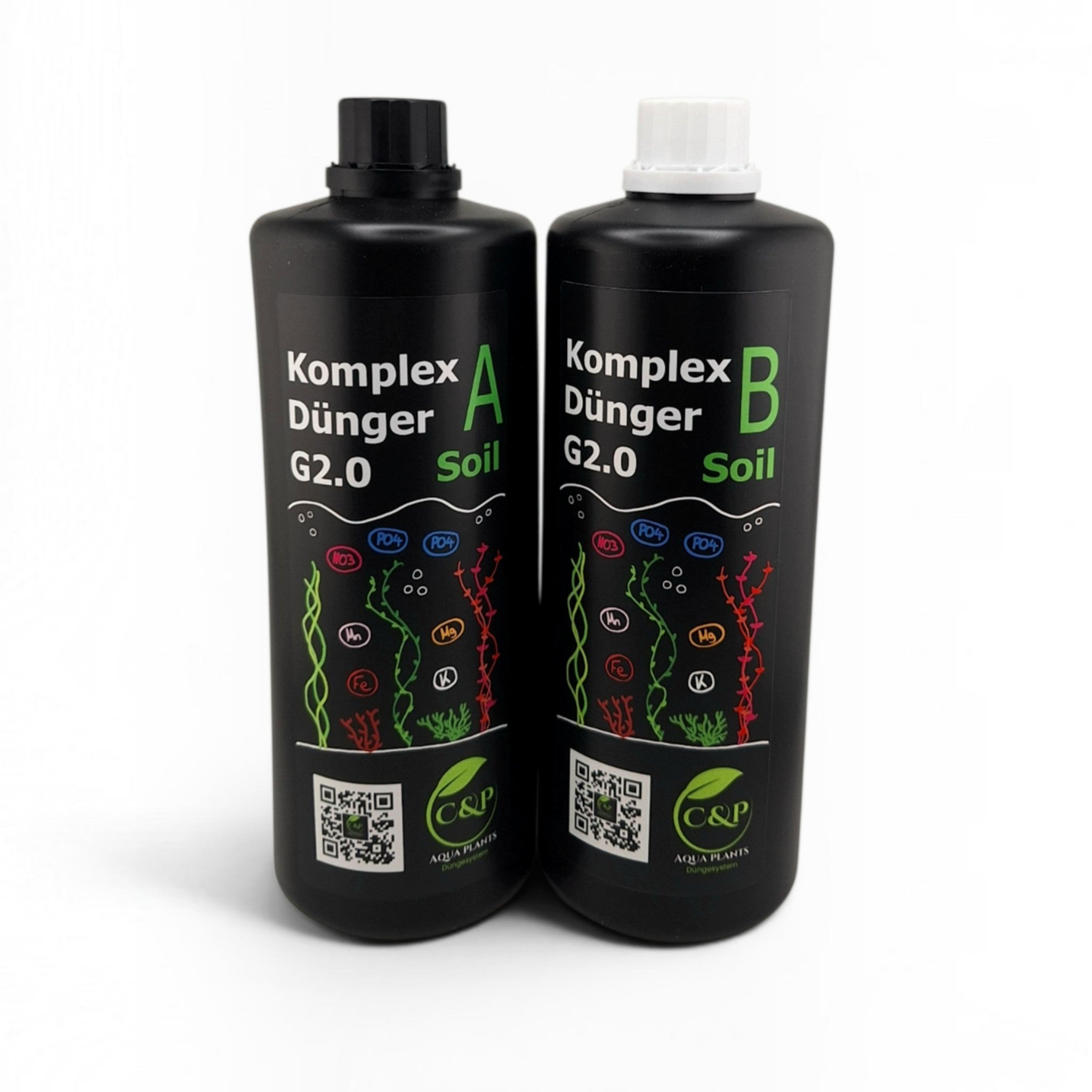 C&P Aquaplants Komplex A+B Soil Düngesystem in zwei schwarzen Flaschen für Pflanzenaquarien mit aktivem Bodengrund.