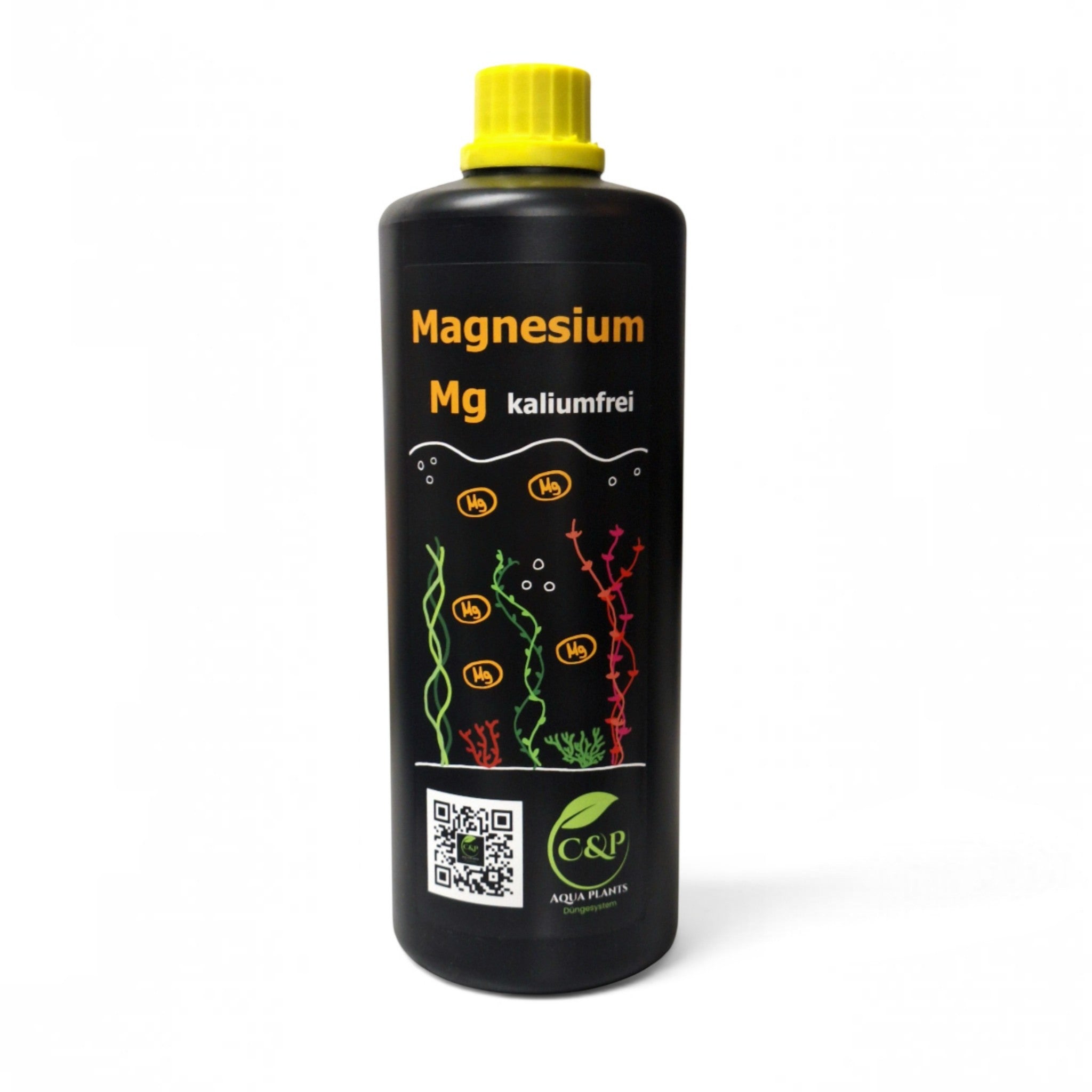 C&P Aquaplants Magnesiumdünger in schwarzer Flasche mit gelbem Verschluss für gesundes Pflanzenwachstum im Aquarium