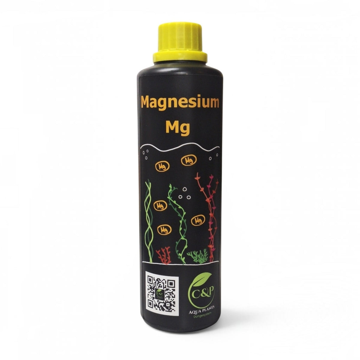 C&P Aquaplants Magnesiumdünger in einer schwarzen Flasche mit gelbem Verschluss für gesundes Aquarienpflanzenwachstum
