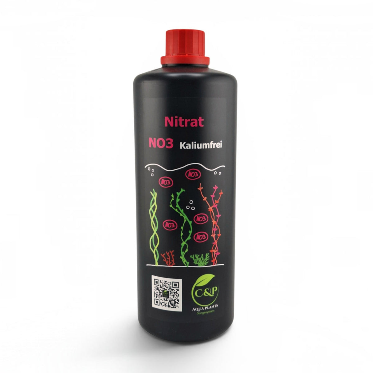 C&P Aquaplants kaliumfreier Nitratdünger in einer schwarzen Flasche zur gezielten Nährstoffversorgung von Aquarien