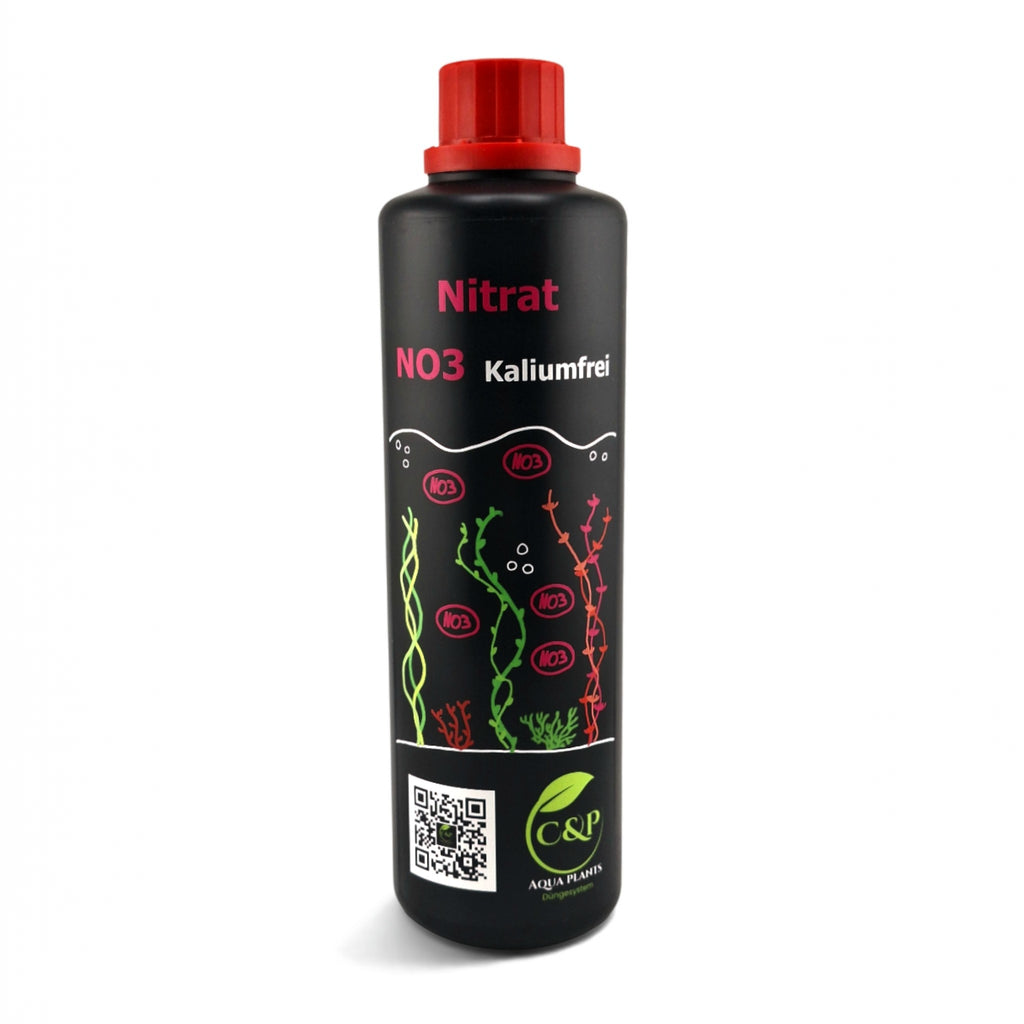 C&P Aquaplants kaliumfreier Nitratdünger in schwarzer Flasche mit rotem Verschluss für gesundes Aquarienpflanzenwachstum