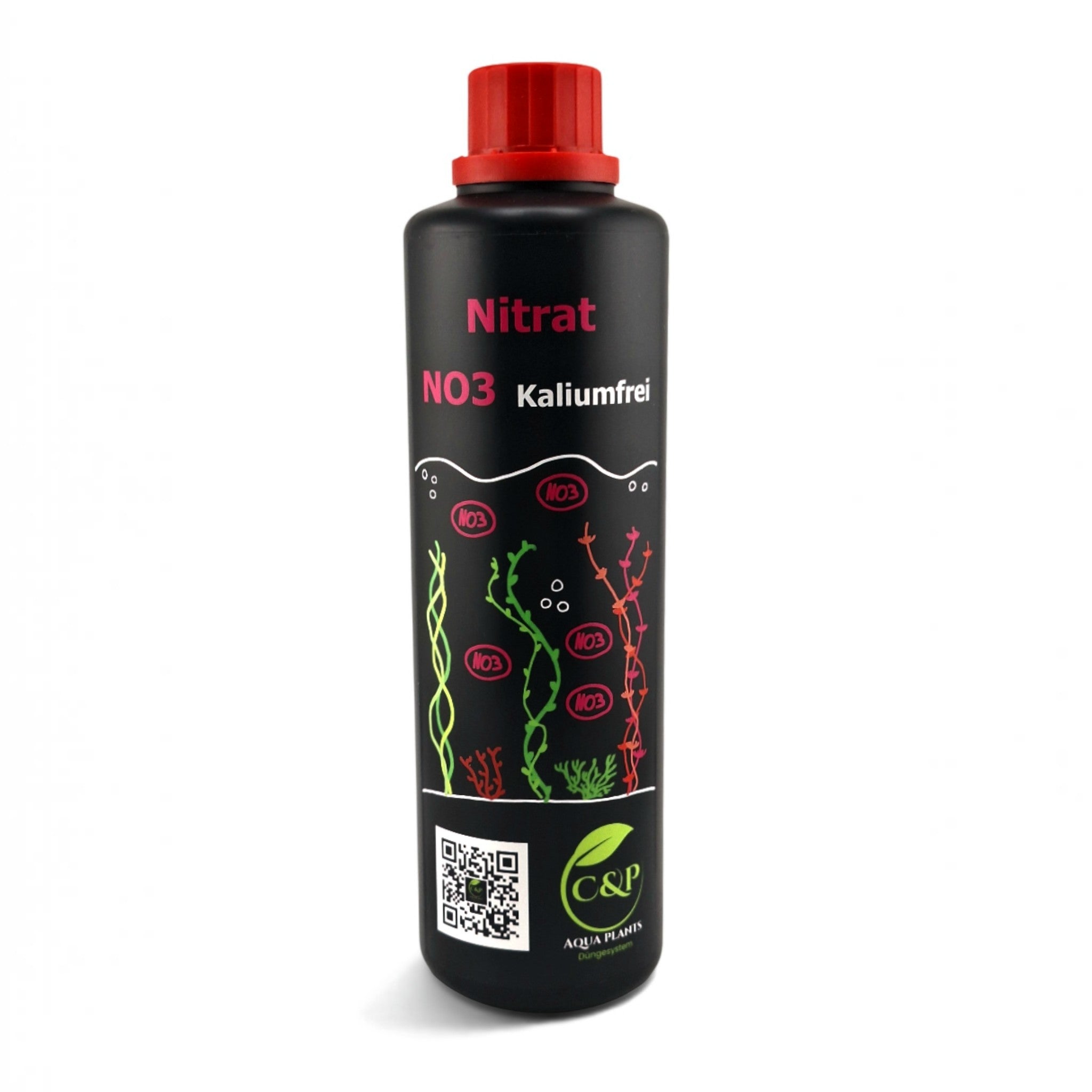 C&P Aquaplants kaliumfreier Nitratdünger in schwarzer Flasche mit rotem Verschluss für gesundes Aquarienpflanzenwachstum