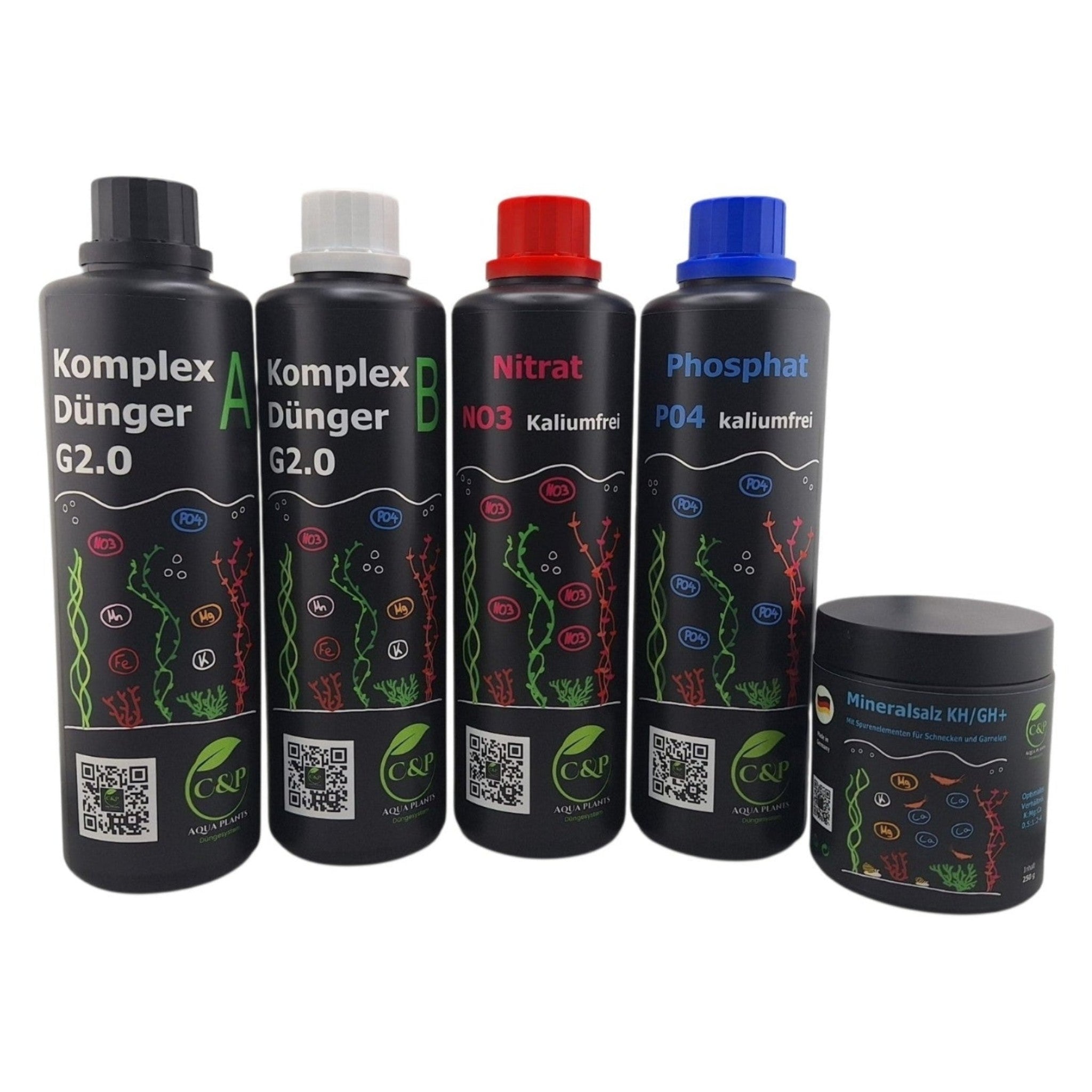 C&P Aquaplants Starterset für Osmosewasser mit Düngerflaschen und Mineralsalz für ein gesundes Pflanzenaquarium