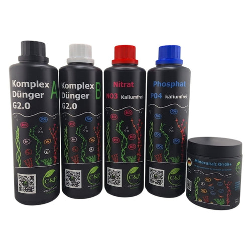 C&P Aquaplants Starterset für Osmosewasser mit Düngerflaschen und Mineralsalz für ein gesundes Pflanzenaquarium