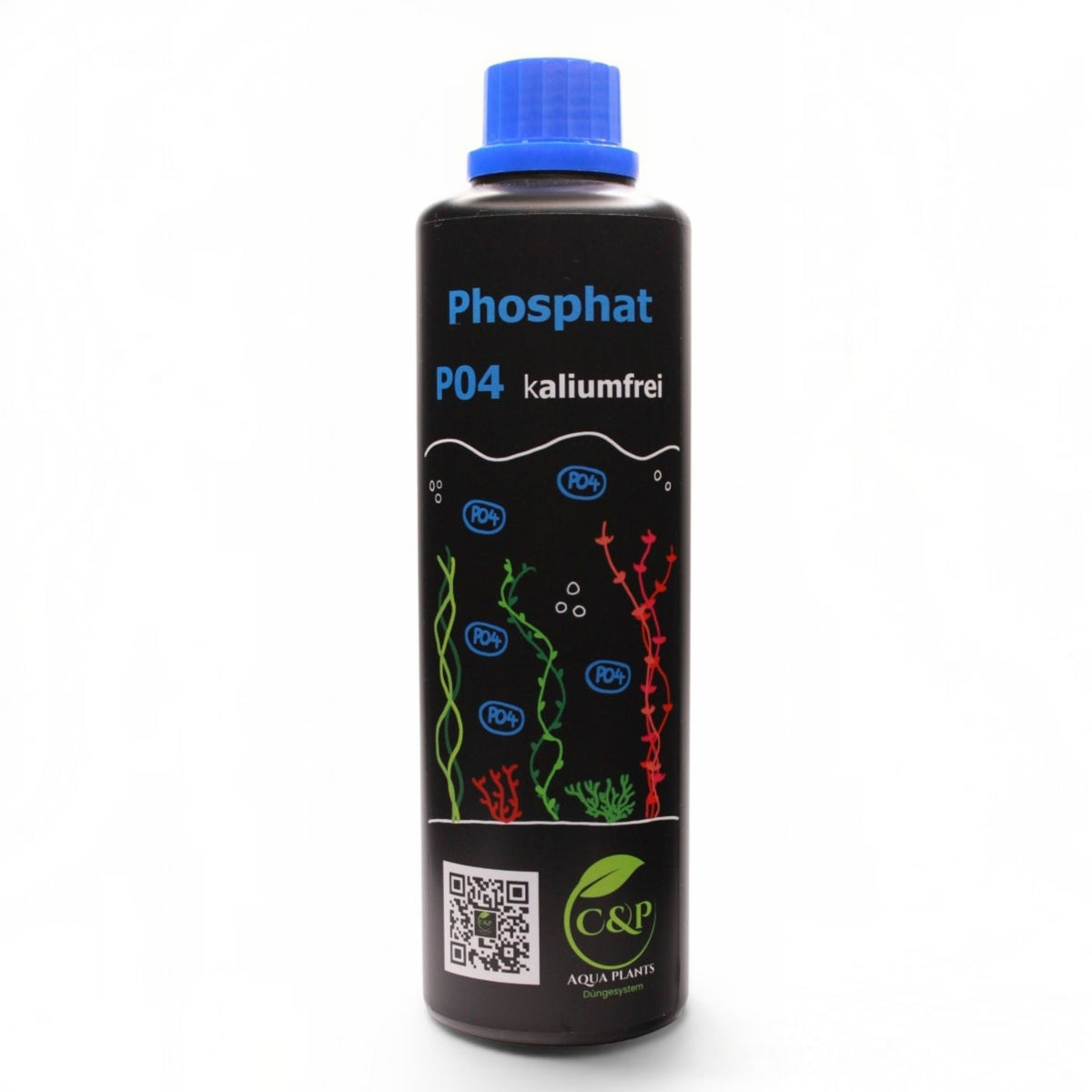 C&P Aquaplants kaliumfreier Phosphatdünger in schwarzer Flasche mit blauem Verschluss für gesundes Aquarienpflanzenwachstum