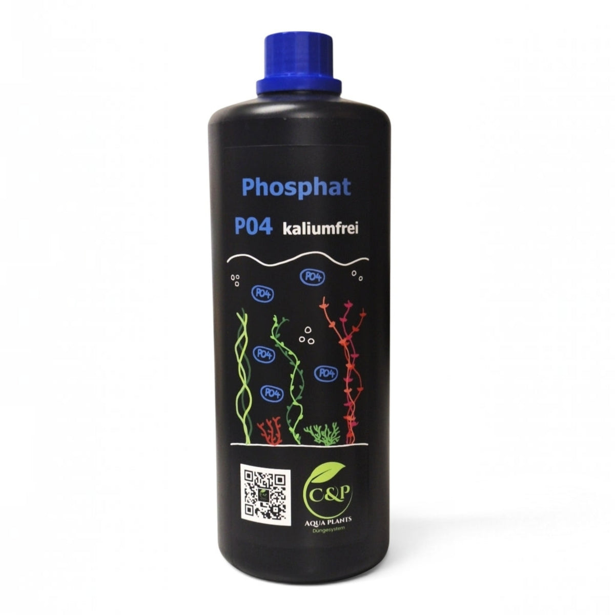 C&P Aquaplants kaliumfreier Phosphatdünger in schwarzer Flasche zur gezielten Nährstoffversorgung von Aquarienpflanzen