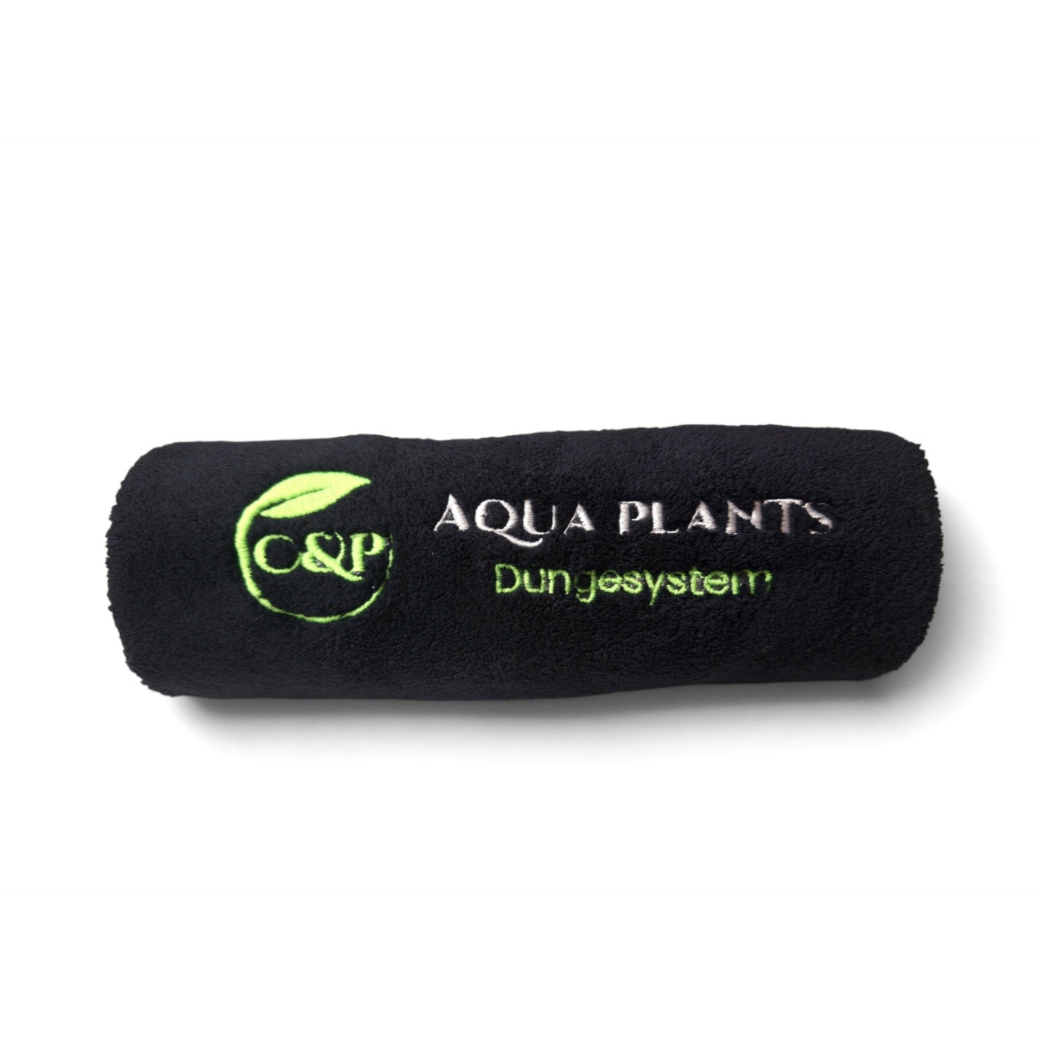 C&P Aquaplants schwarzes Mikrofaser-Handtuch mit Logo-Stickerei und praktischer Aufhängeschlaufe